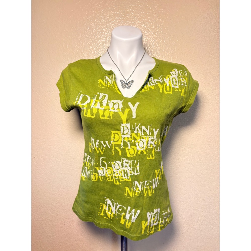 Y2K DKNY Jeans Green Graphic Tee New York Logo Notched V-Neck Top Medium #5